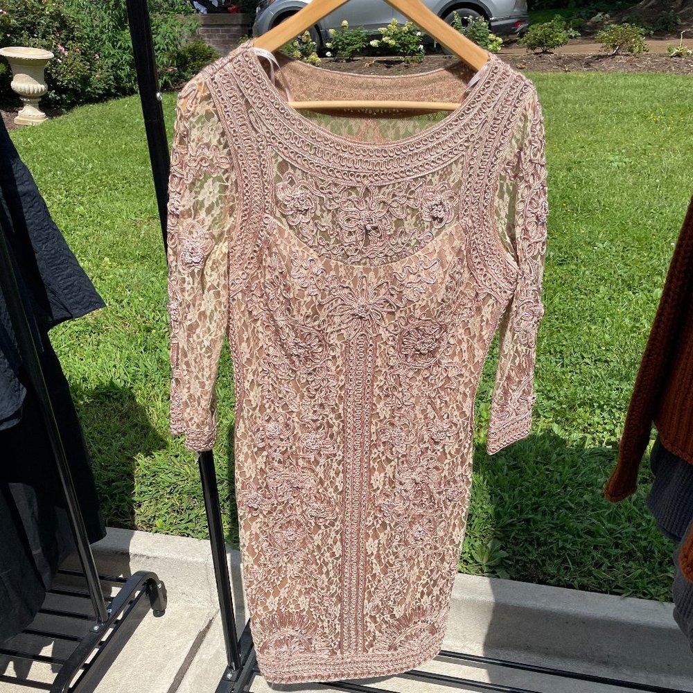 Sue Wong Ribbon Crocheted Nude Midi Dress